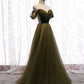 Robe de bal longue en tulle vert Simple, col en v, robe de soirée verte BD150