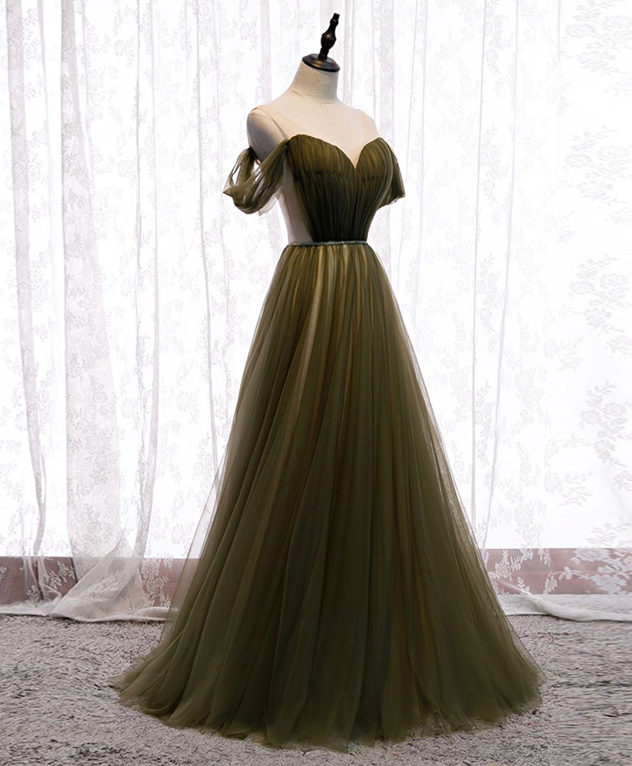 Simple green v neck tulle long prom dress green evening dress BD150
