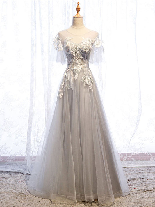 Gray round neck tulle lace long prom dress gray tulle formal dress BD159