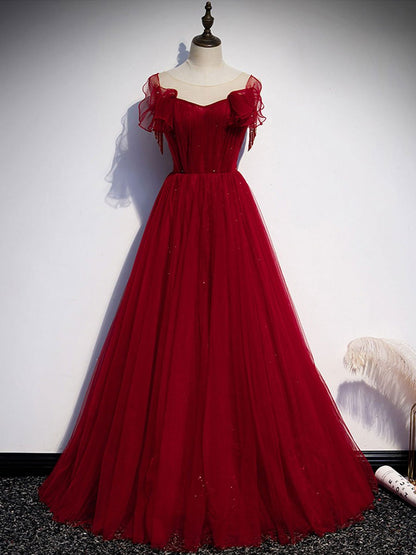 burgundy tulle round neck long prom dress burgundy evening dress BD137