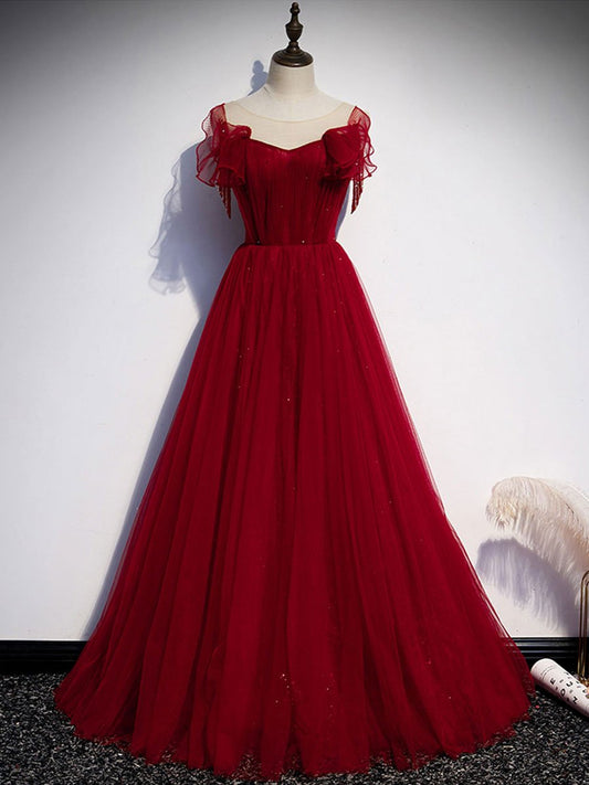 burgundy tulle round neck long prom dress burgundy evening dress BD137
