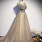 Champagne col rond tulle sequin longue robe de bal tulle robe formelle BD34 