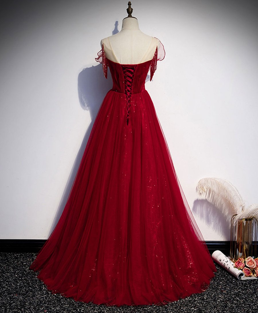 burgundy tulle round neck long prom dress burgundy evening dress BD137