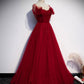 robe de bal longue en tulle bordeaux col rond robe de soirée bordeaux BD137