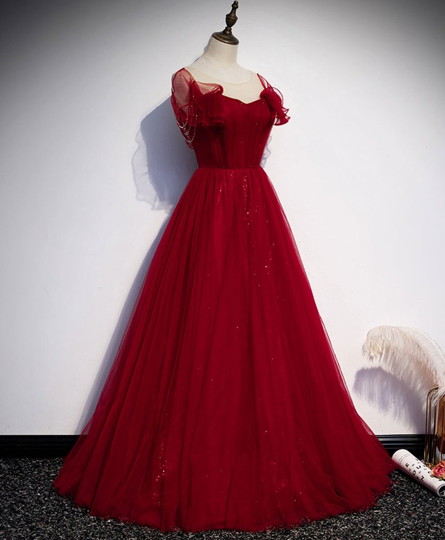 burgundy tulle round neck long prom dress burgundy evening dress BD137