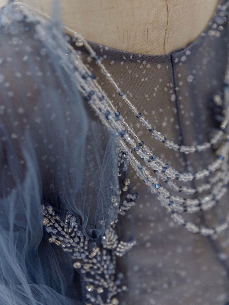 Gray blue tulle sequin beads long prom dress, blue evening dress BD13