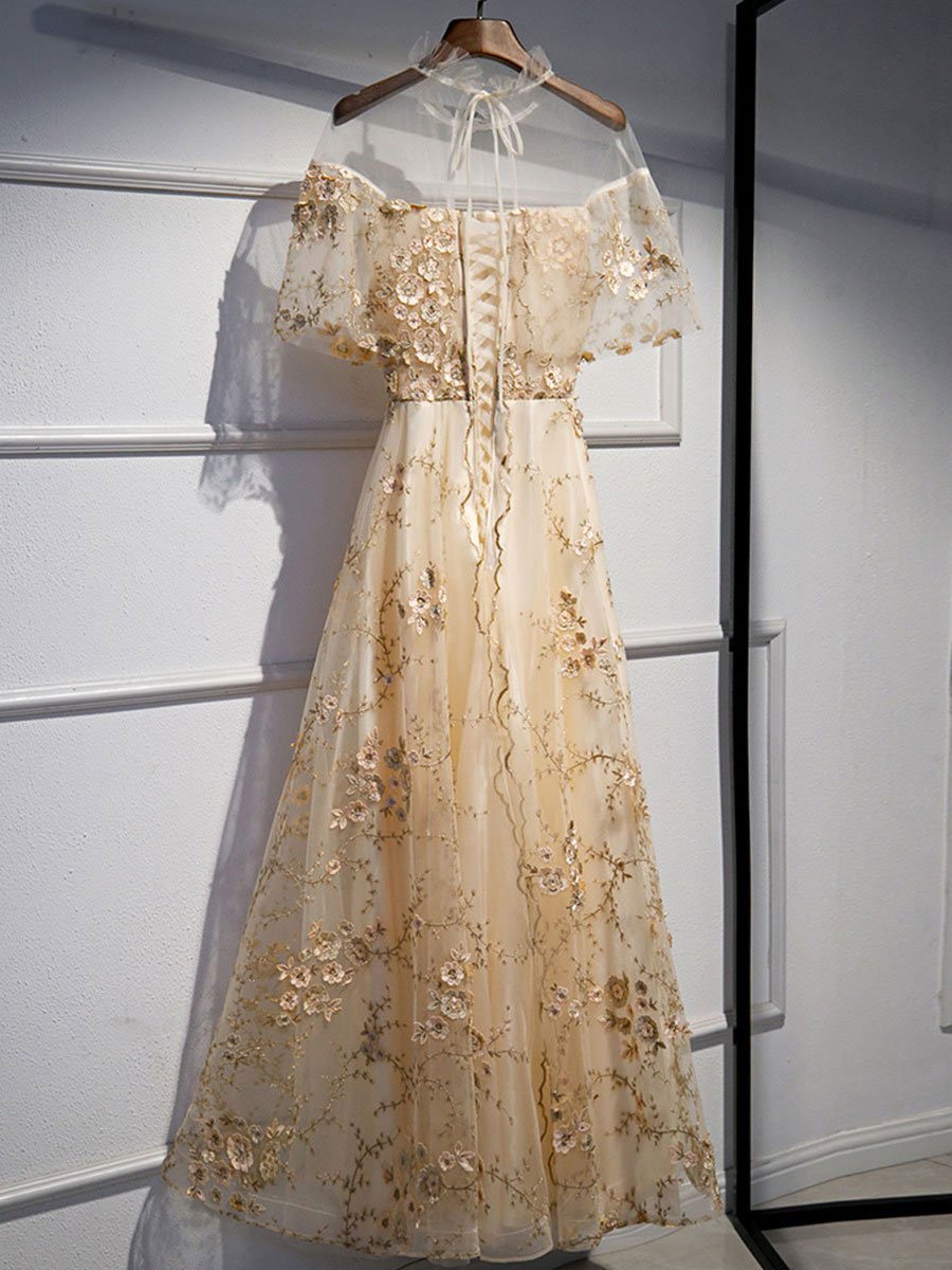 Champagne tulle lace long prom dress champagne formal dress BD83